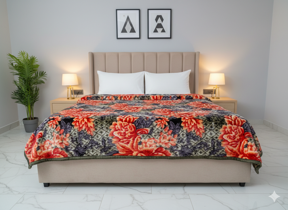 Milni Double Bed Soft Fleece Winter Blanket – Red Floral Design