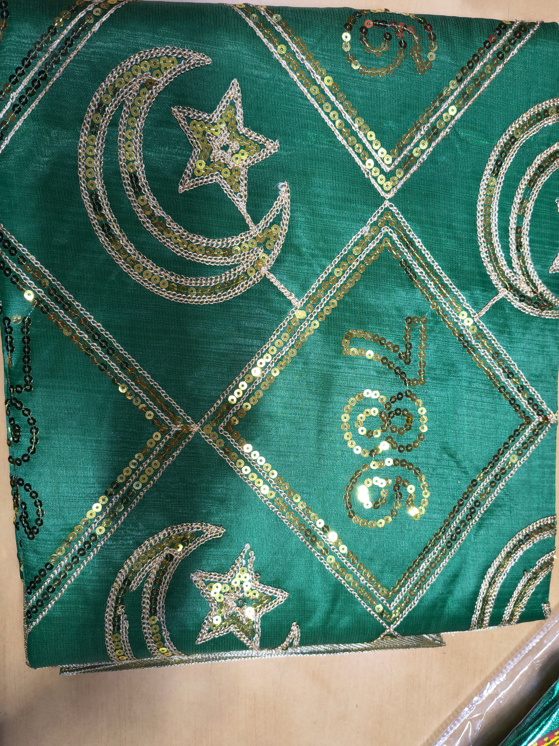Premium Islamic Chadar Green Sequin 786 Moon Star Design