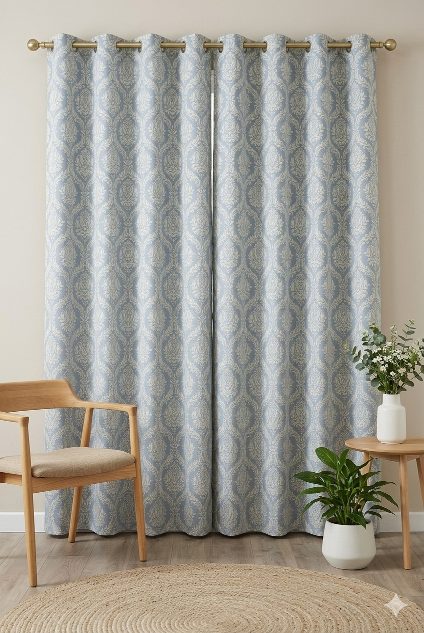 Blue Damask Curtain Fabric | Custom Length | Sold Per Metre