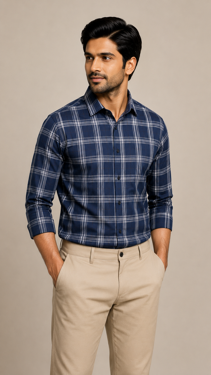 Raymond Unstitched Shirt Fabric 1.60 Meter Navy Blue Checked Premium Shirting