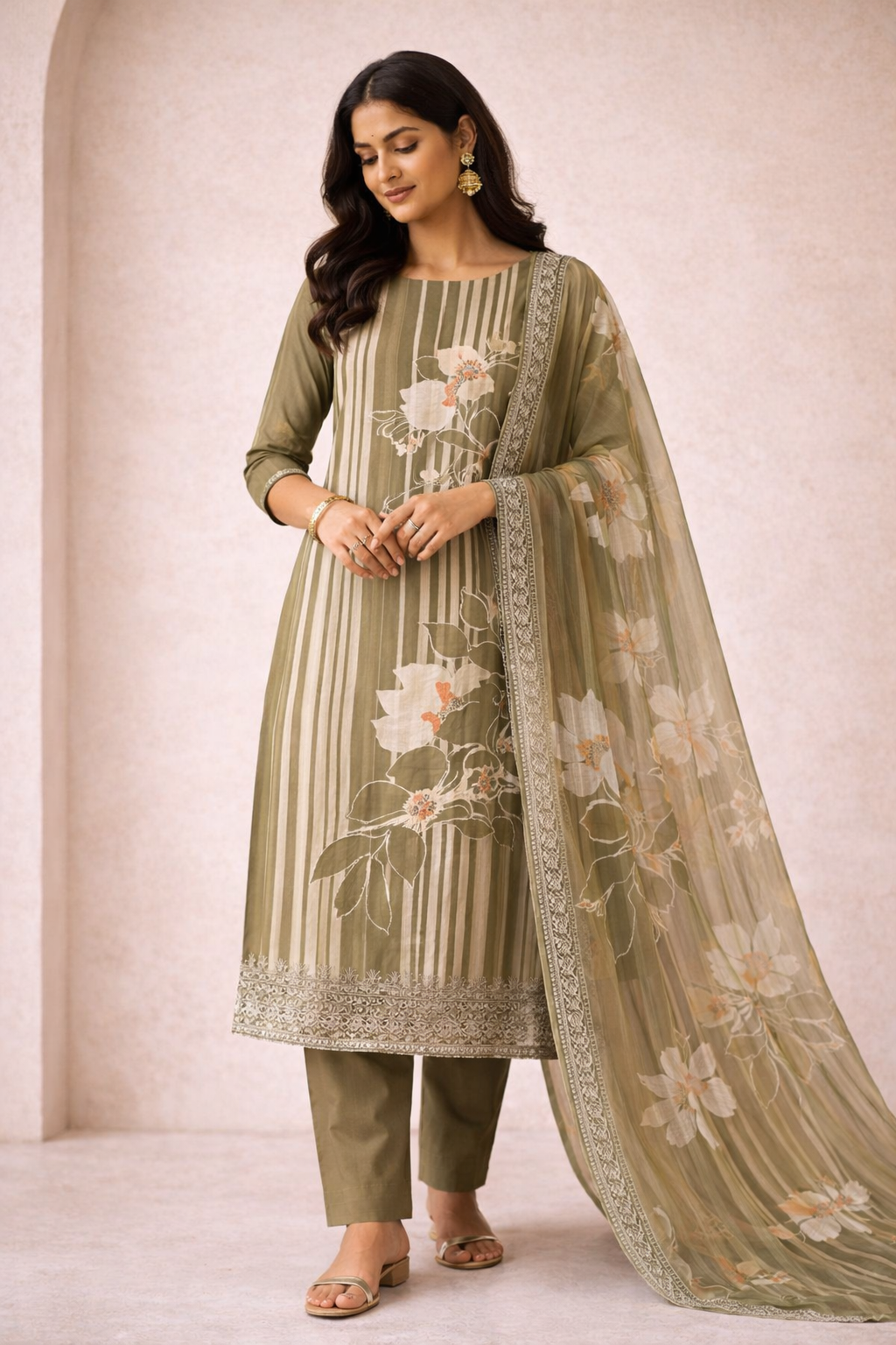 Olive Green Striped Floral Cotton Unstitched Suit Fabric Set with Dupatta