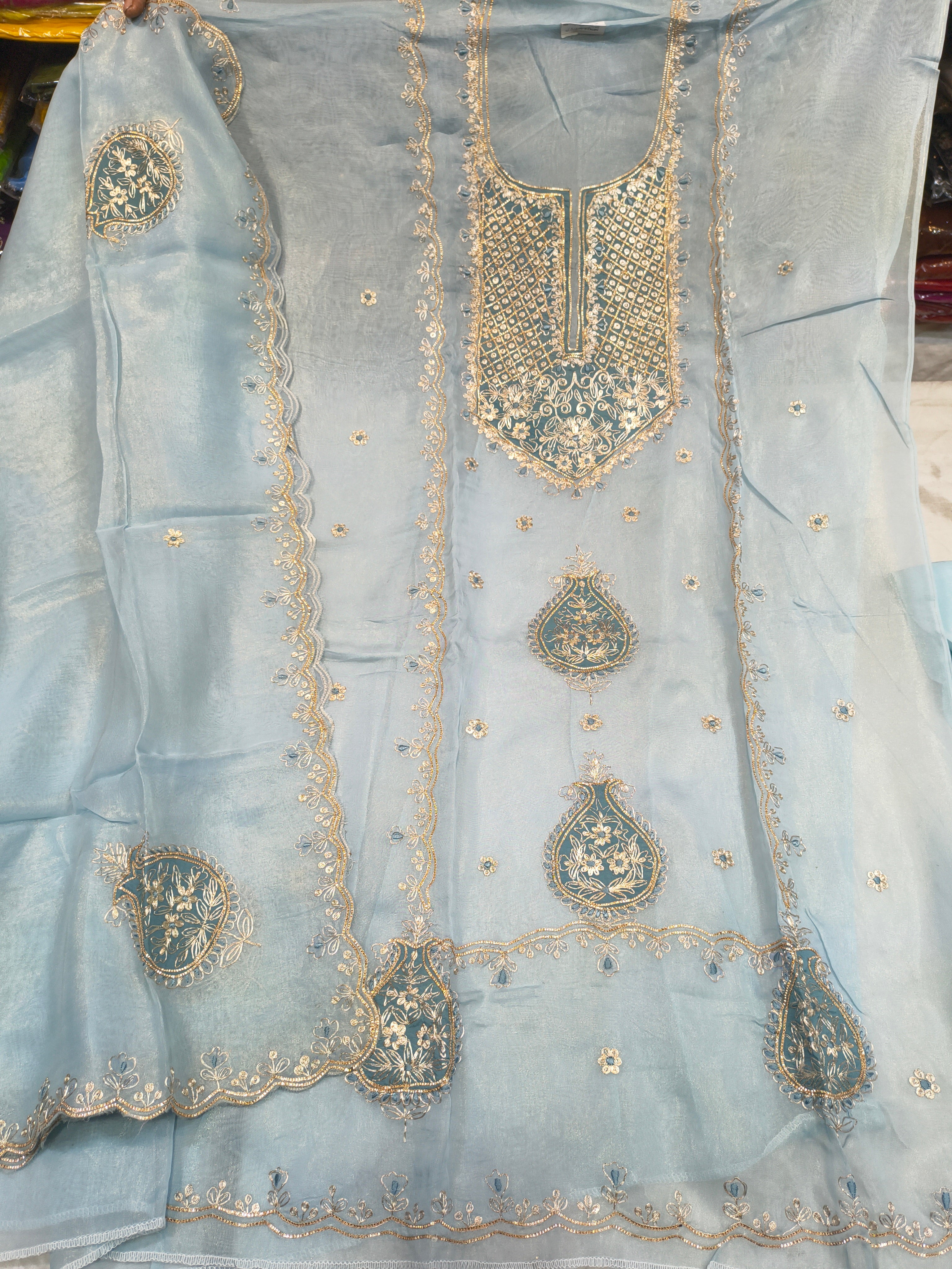 Sky Blue Embroidered Unstitched Ladies Suit Fabric with Dupatta
