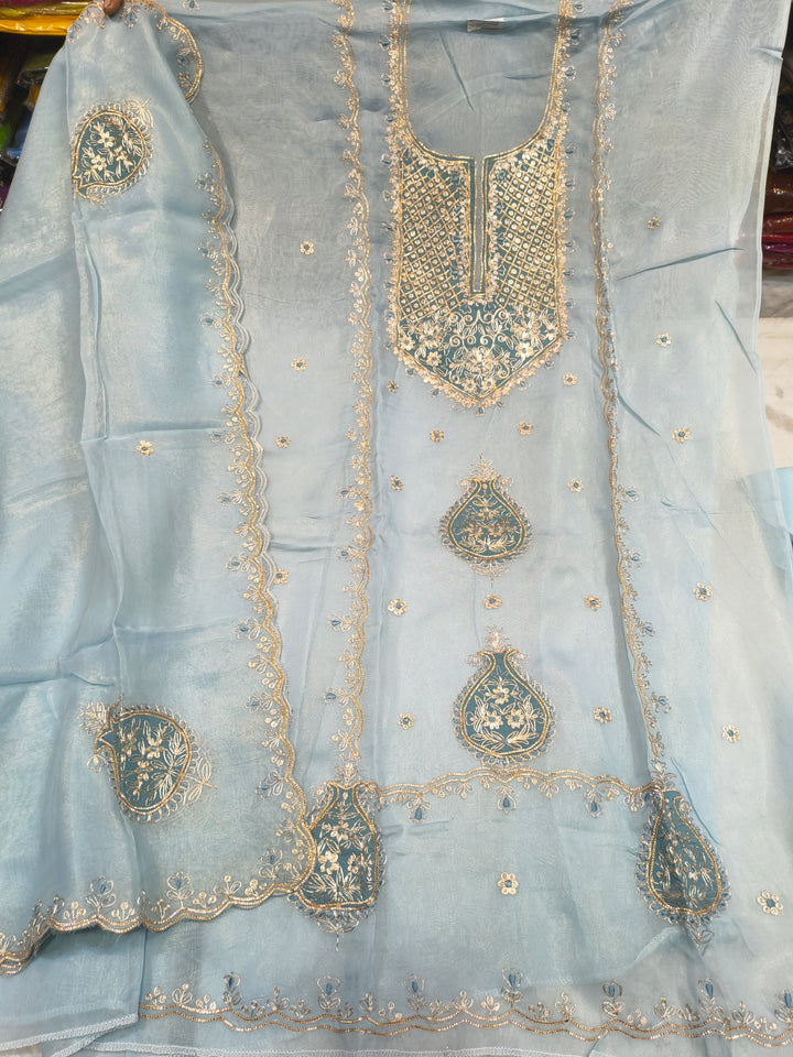 Sky Blue Embroidered Unstitched Ladies Suit Fabric with Dupatta