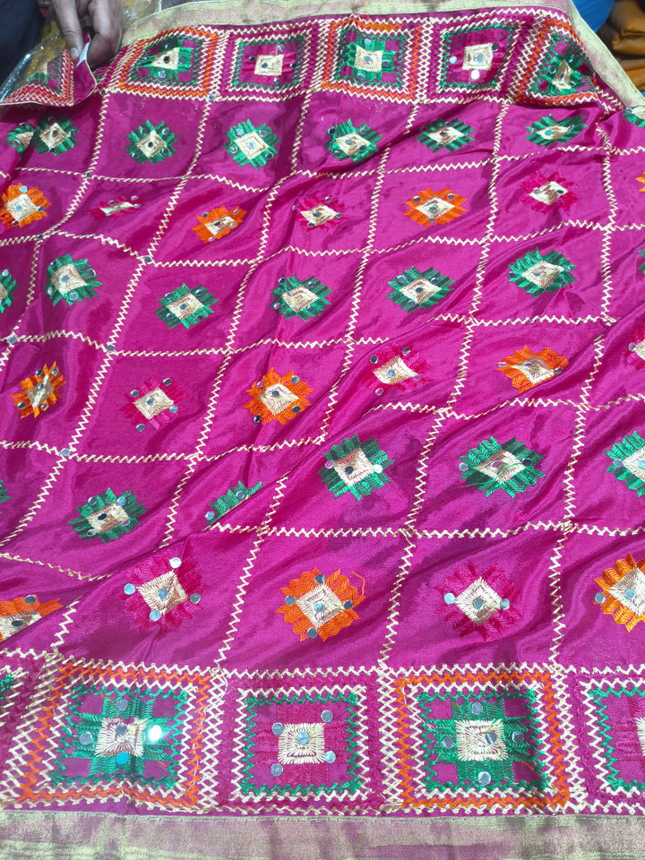 Heavy Magenta Phulkari Dupatta with Mirror & Multicolor Thread Work