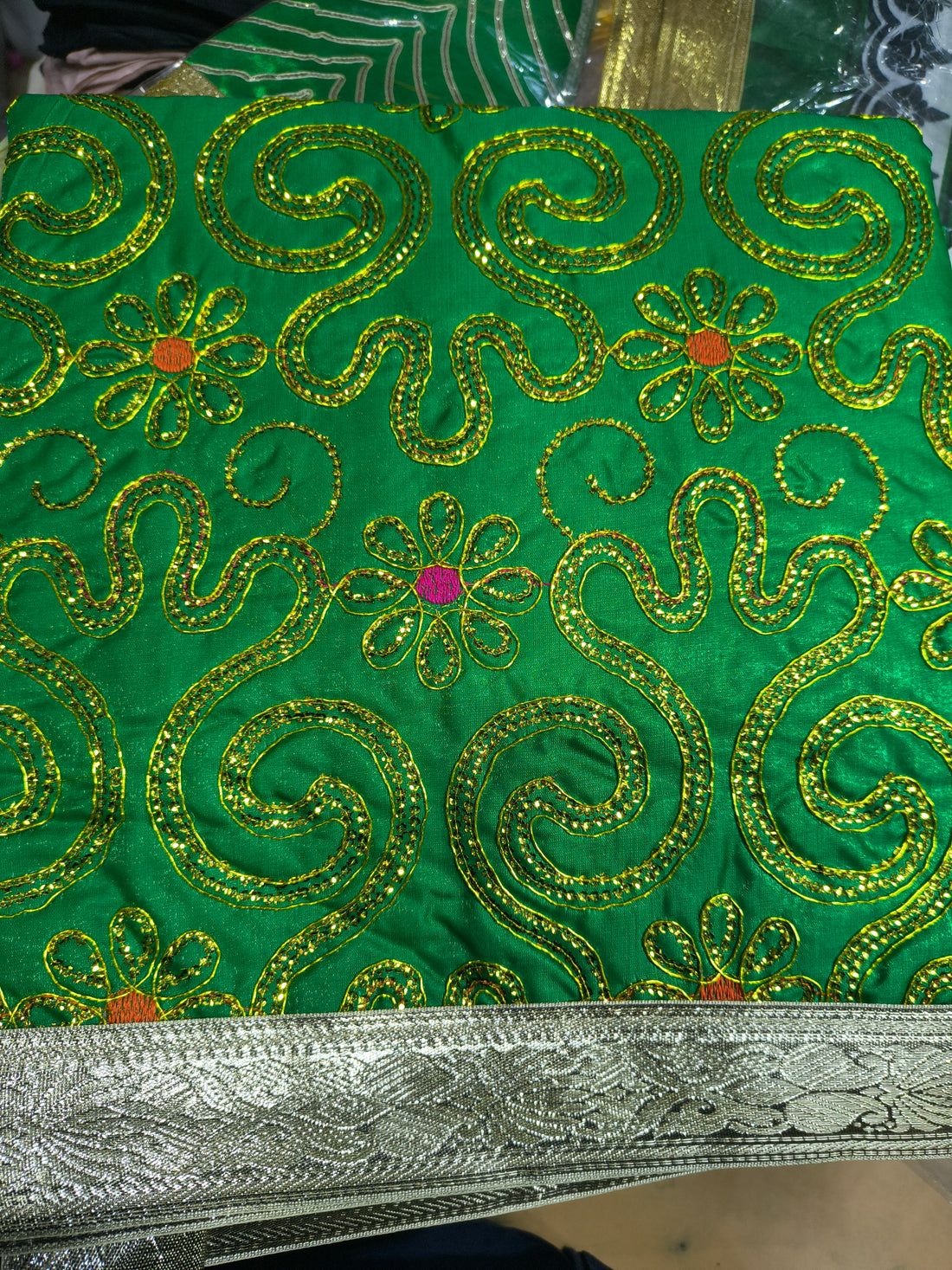 Premium Islamic Chadar Green Sequin Embroidery Floral Design with Silver Border