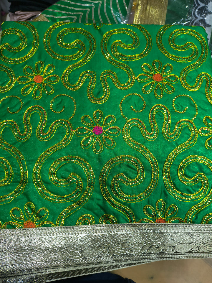 Premium Islamic Chadar Green Sequin Embroidery Floral Design with Silver Border