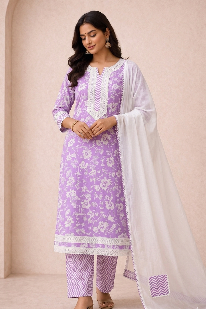 Woman wearing a purple floral outfit with a white dupatta against a beige background