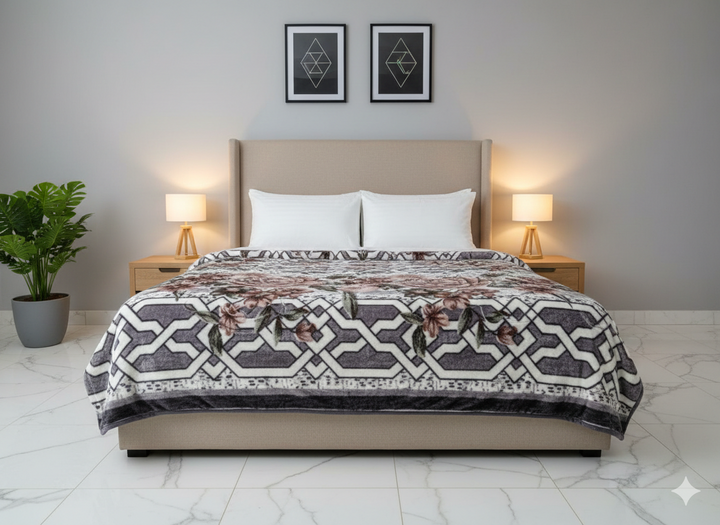 Double Bed Winter Rajai – Floral & Geometric Design (Brown & Grey)