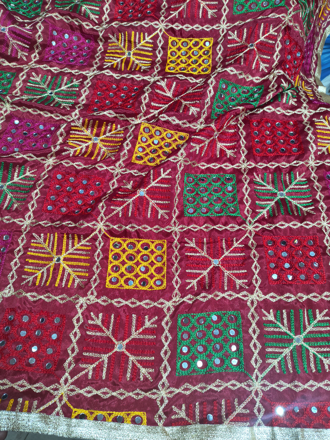 Maroon Multicolor Phulkari Embroidered Dupatta