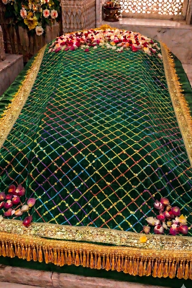 Decorative green and gold net on a platform with flowers around, likely in a religious or historical site.

