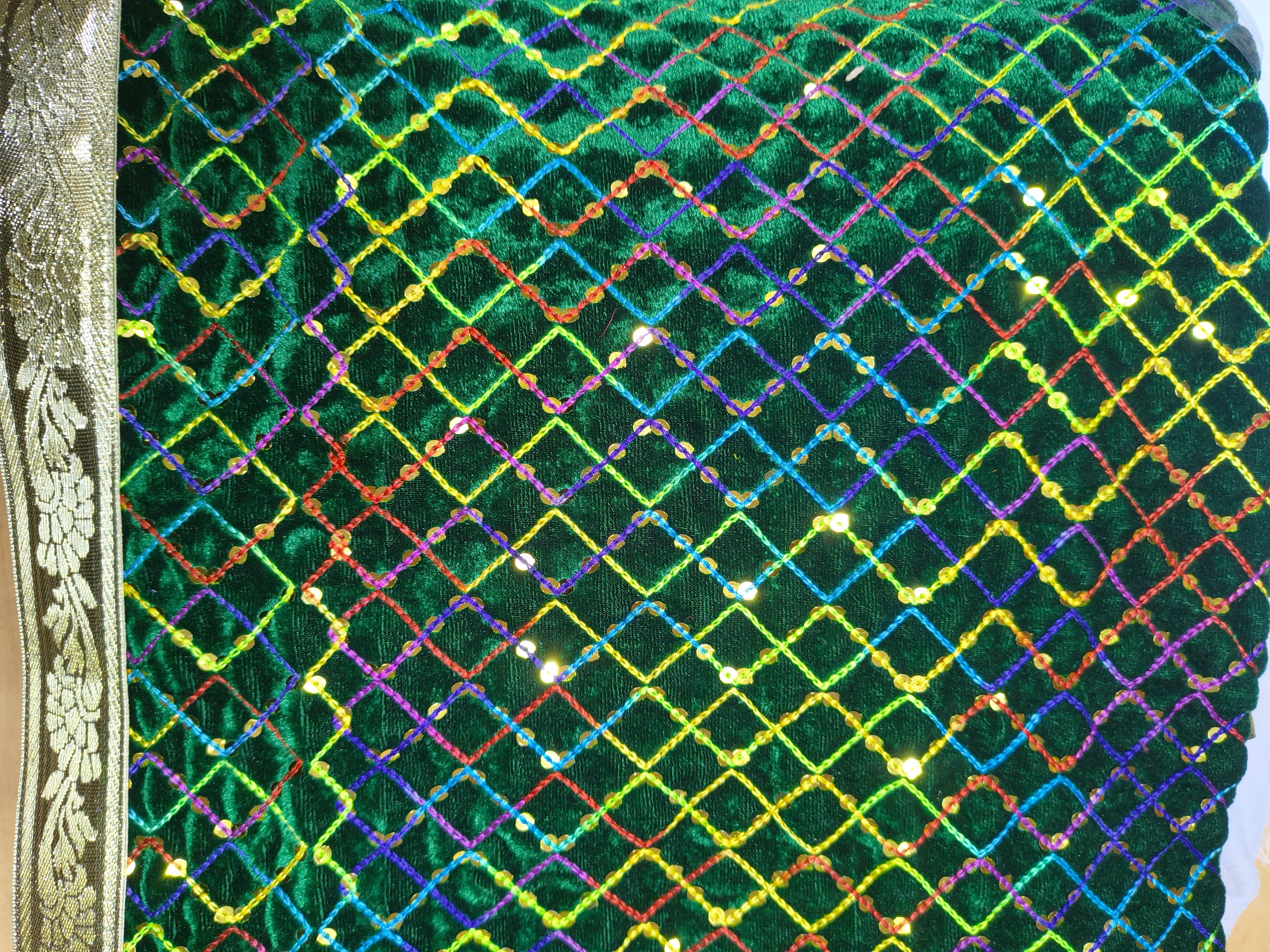 Premium Islamic Chadar Green Multi-Color Sequin Diamond Design with Zari Border