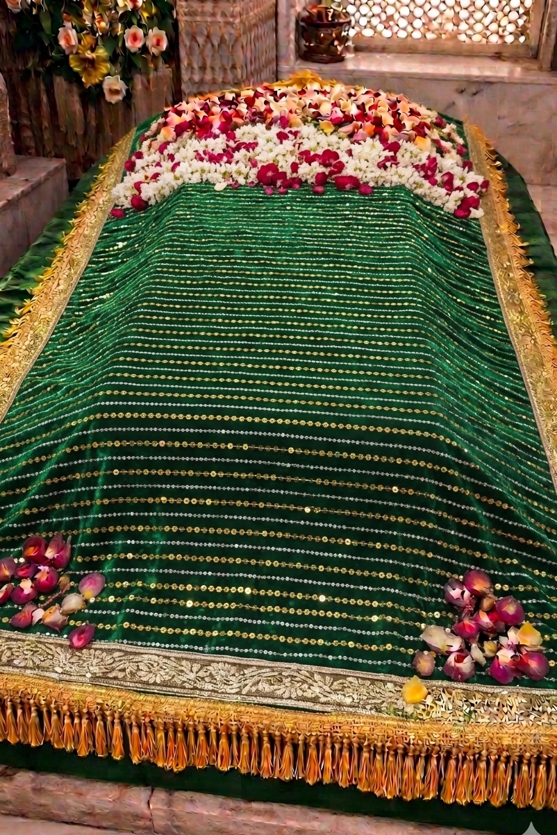 Green and gold draped coffin with floral arrangements on a stone floor.

