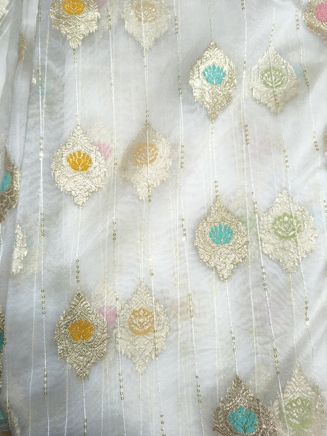 Dyeable Embroidered Fabric – Multicolor Lotus Motif with Sequin Stripes