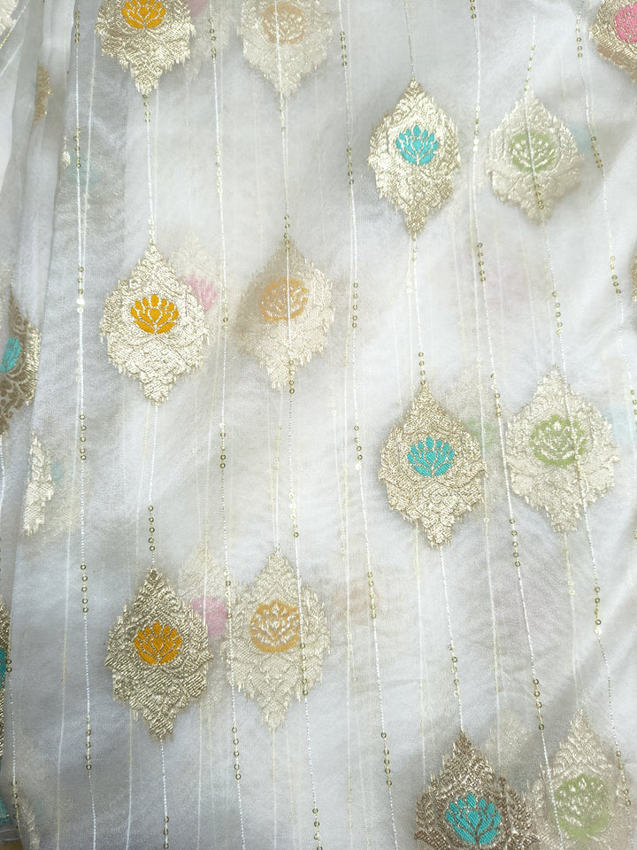 Dyeable Embroidered Fabric – Multicolor Lotus Motif with Sequin Stripes