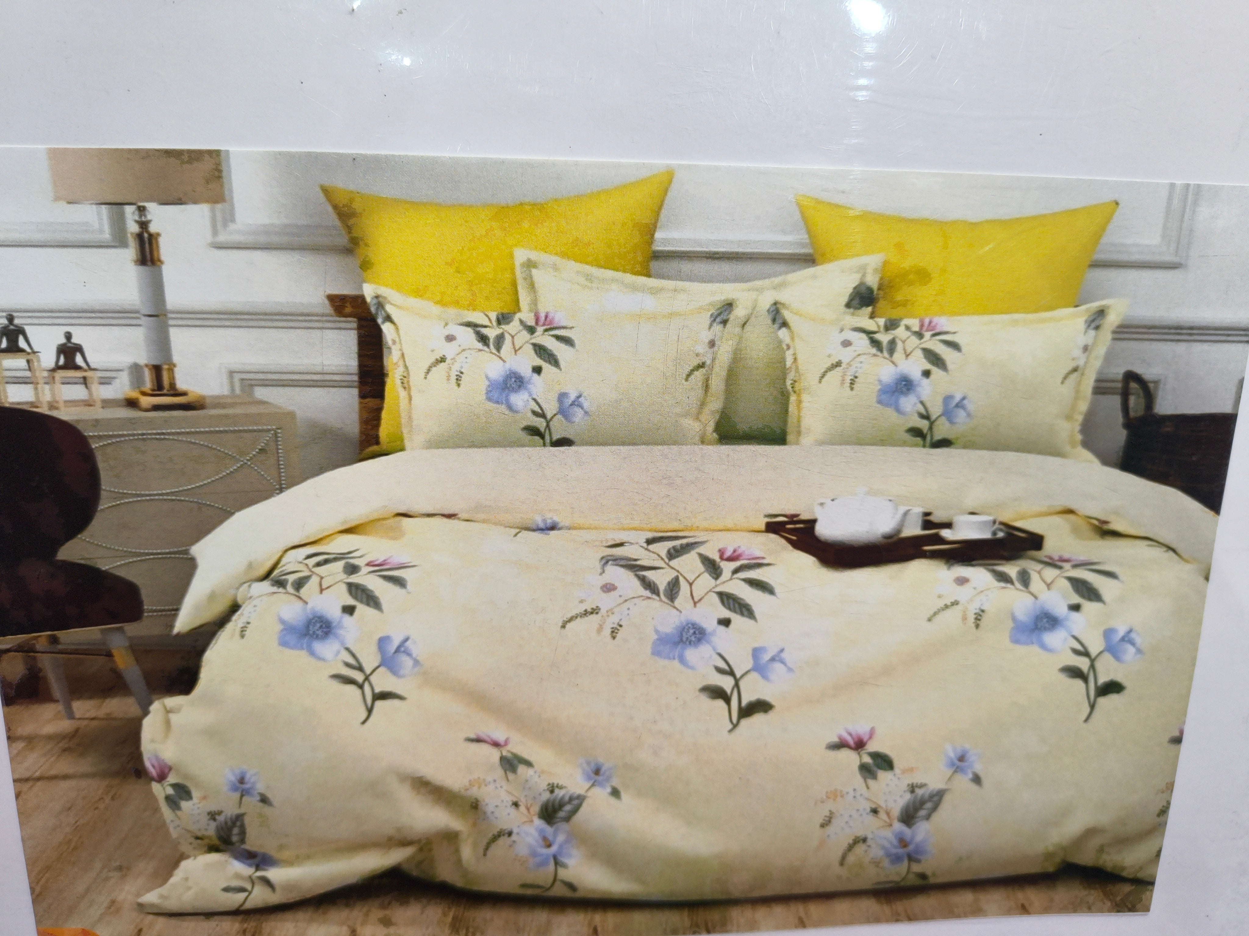 Pastel Yellow Floral Cotton Bedsheet for Single Bed with 2 Pillow Covers