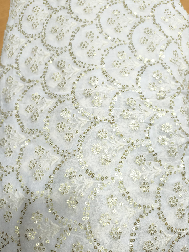 Dyeable Sequin Embroidered Fabric – Circular Lattice Floral Design
