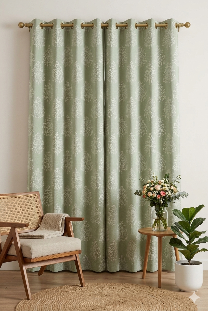 Green Floral Tree Pattern Curtain Fabric | Custom Length | Sold Per Metre