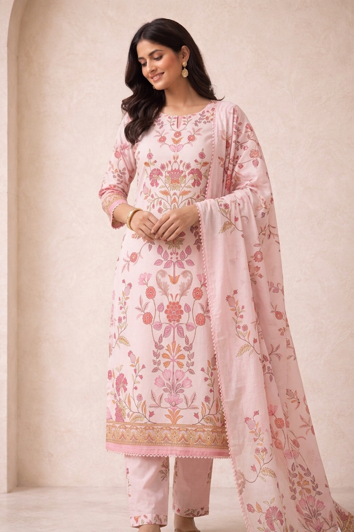 Woman wearing a pink embroidered traditional outfit with a dupatta on a beige background