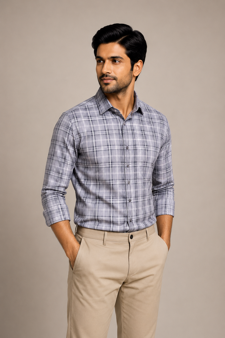 Raymond Unstitched Shirt Fabric 1.60 Meter Grey Windowpane Checked Shirting