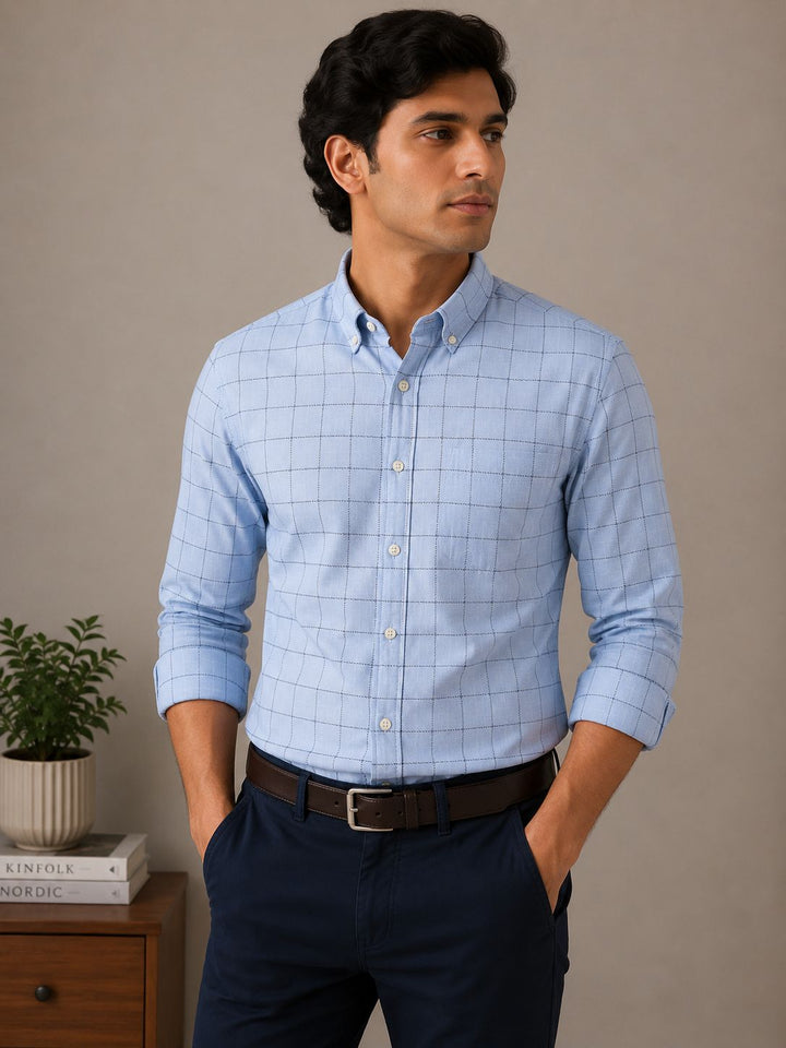 Raymond Unstitched Shirt Fabric 1.60 Meter Light Blue Windowpane Checks Premium Shirting Fabric
