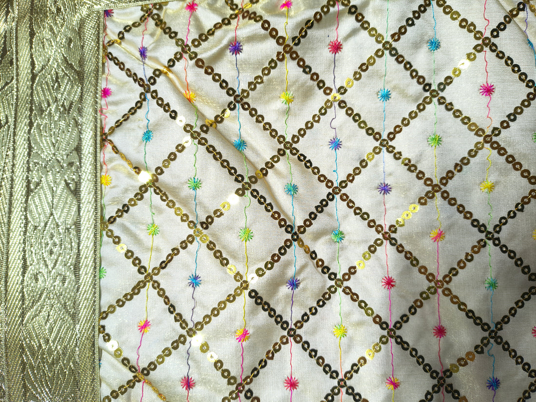 White Palka Sequence Diamond Work Rumala Sahib for Guru Granth Sahib Ji
