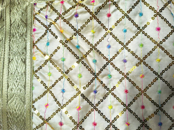 White Palka Sequence Diamond Work Rumala Sahib for Guru Granth Sahib Ji