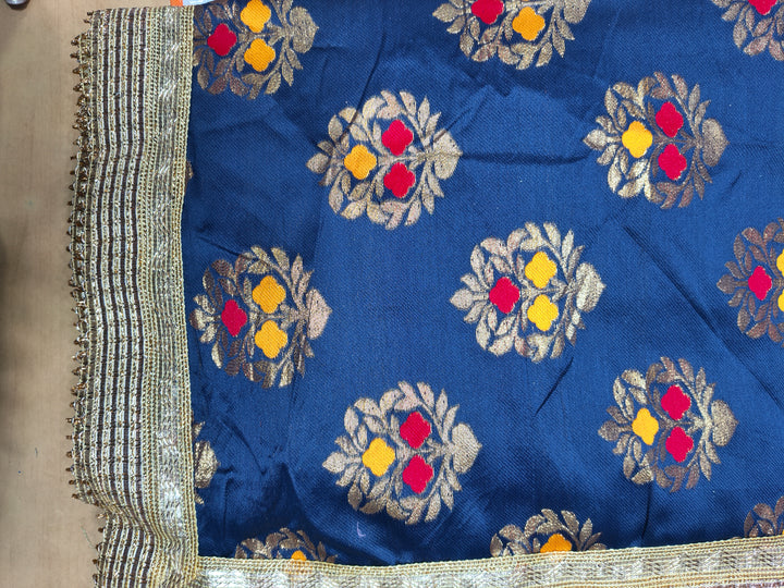 Royal Blue Floral Design Rumala Sahib with Golden Border for Guru Granth Sahib Ji