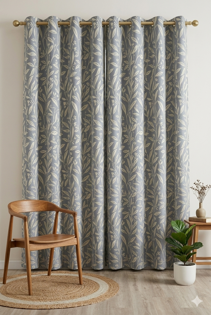 Blue Leaf Pattern Curtain Fabric | Custom Length | Sold Per Metre