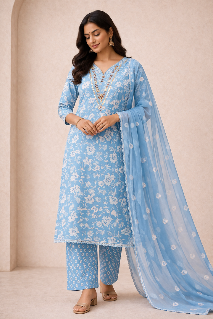 Sky Blue Floral Cotton Unstitched Suit Fabric Set with Embroidered Neck