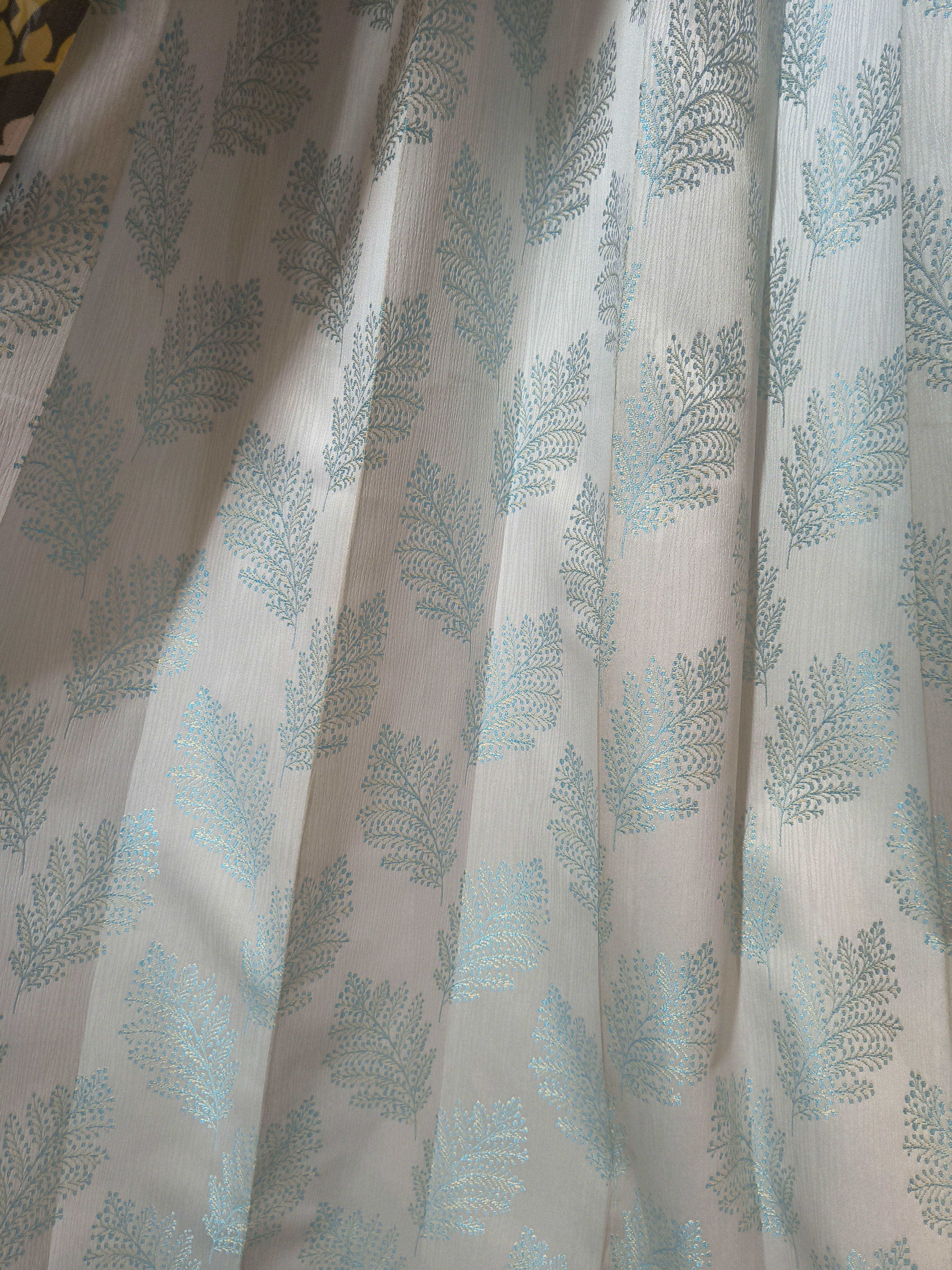 Sky Blue Leaf Pattern Curtain | 7 Feet | Eyelet Style | Price Per Piece