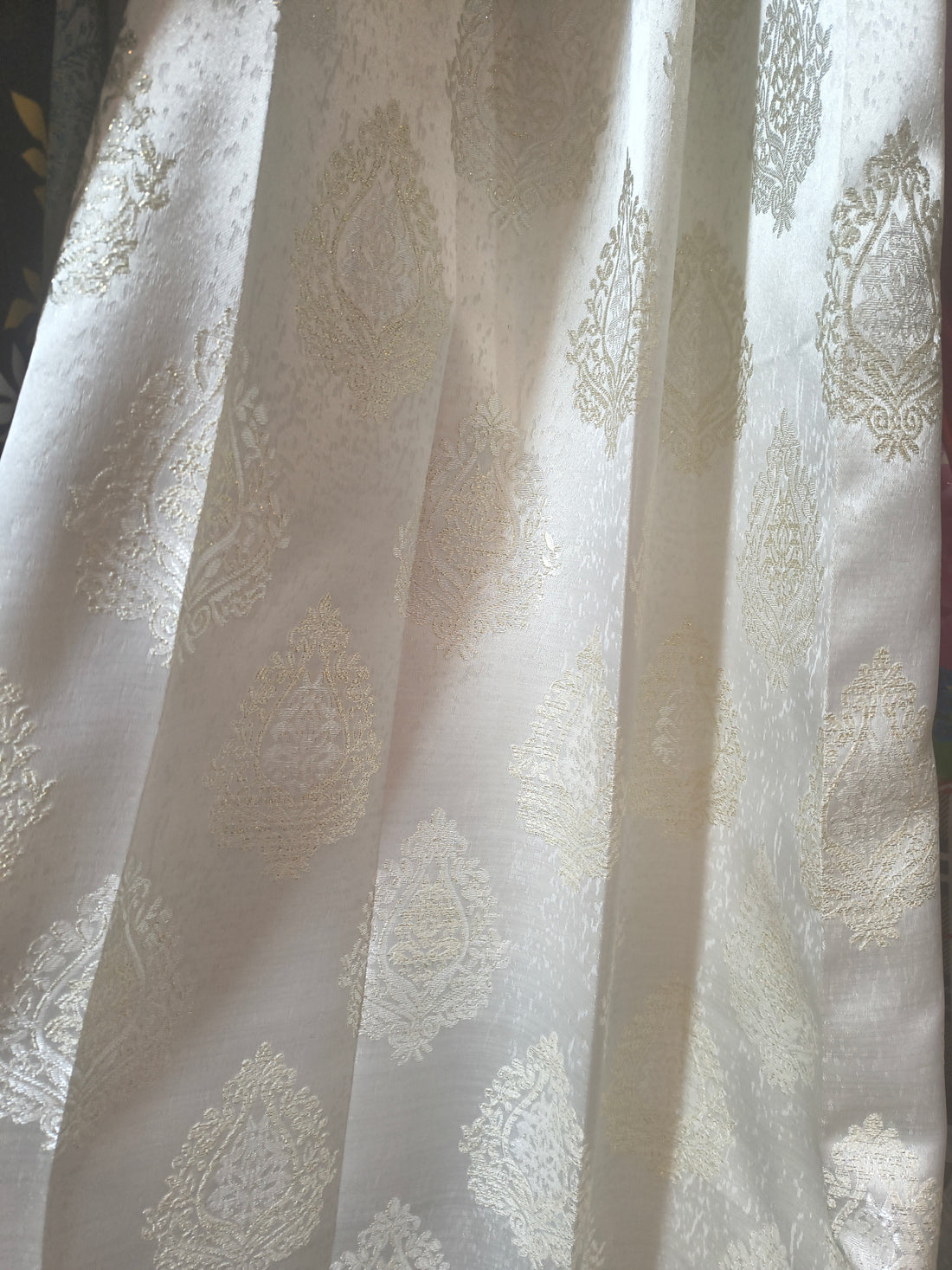 Whit Gold Jacquard Sheer Curtain | 7 Feet | Eyelet Style | Price Per Piece