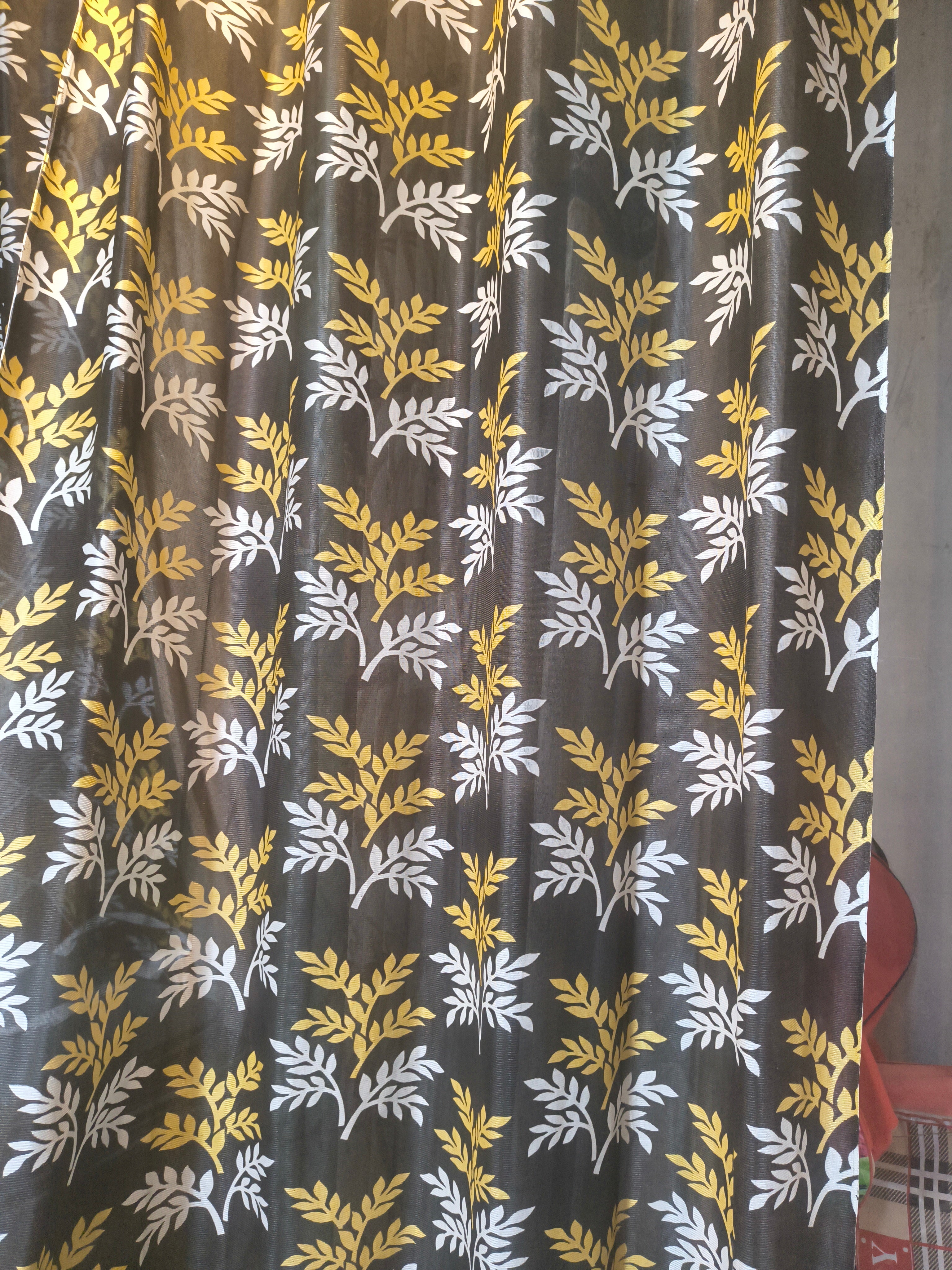 Grey & Yellow Leaf Print Curtain | 7 Feet | Eyelet Style | Price Per Piece