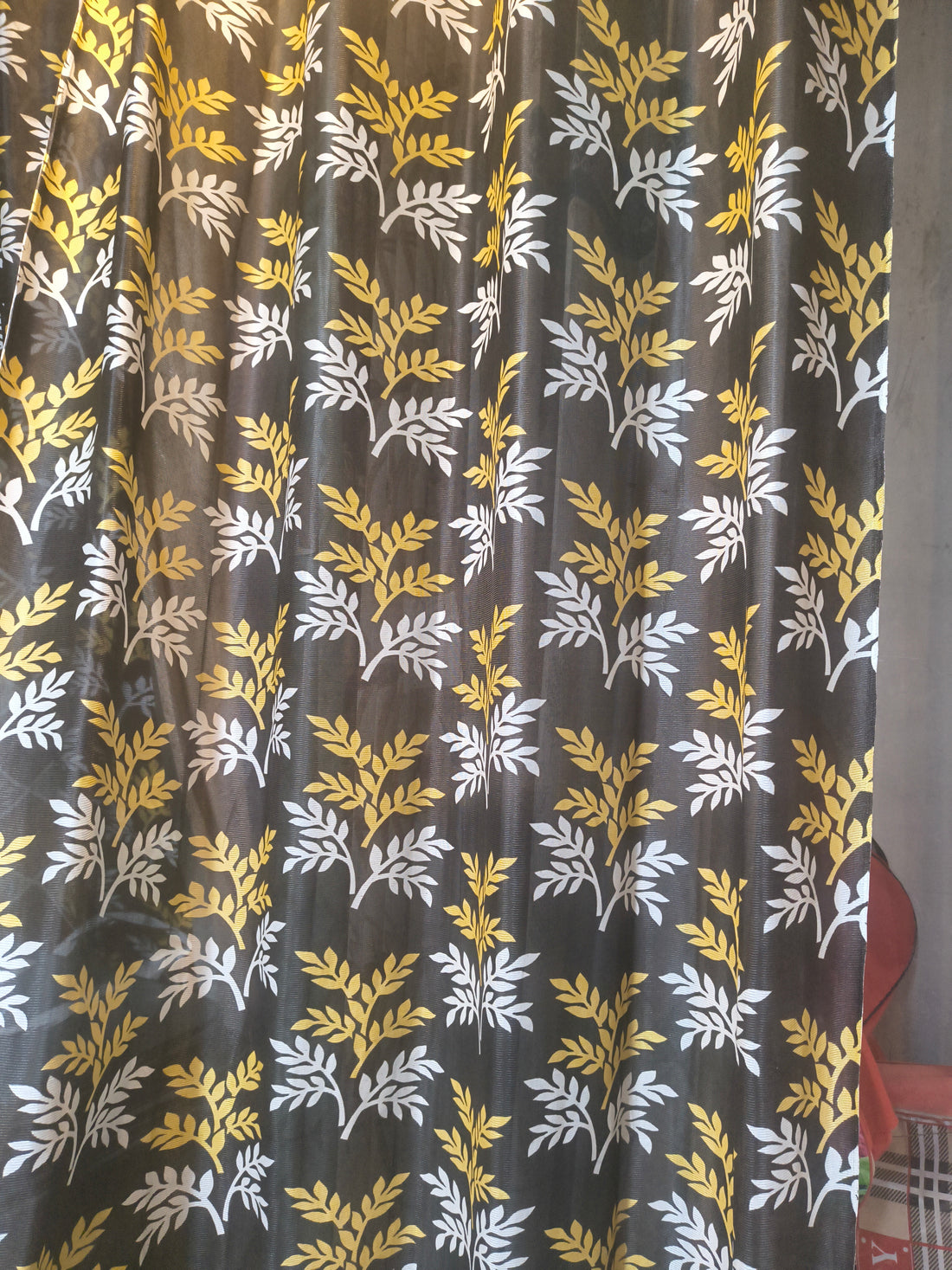 Grey & Yellow Leaf Print Curtain | 7 Feet | Eyelet Style | Price Per Piece