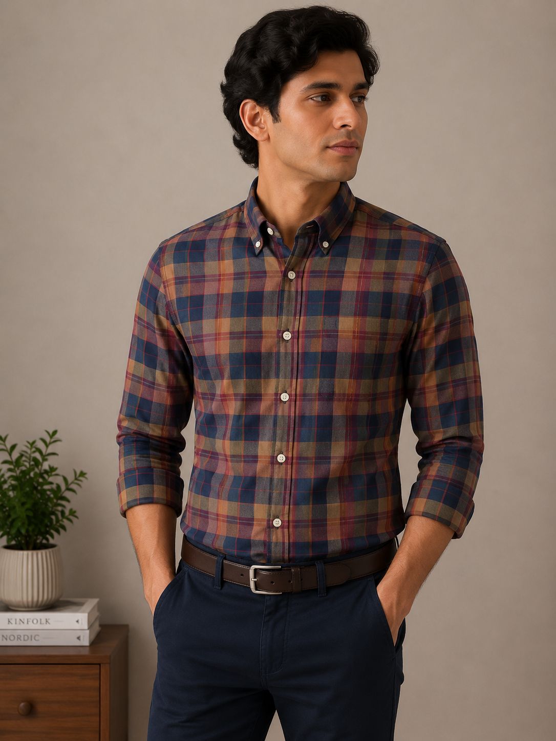 Raymond Unstitched Shirt Fabric 1.60 Meter Navy Brown Tartan Checks Premium Shirting Fabric