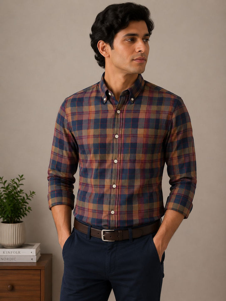 Raymond Unstitched Shirt Fabric 1.60 Meter Navy Brown Tartan Checks Premium Shirting Fabric