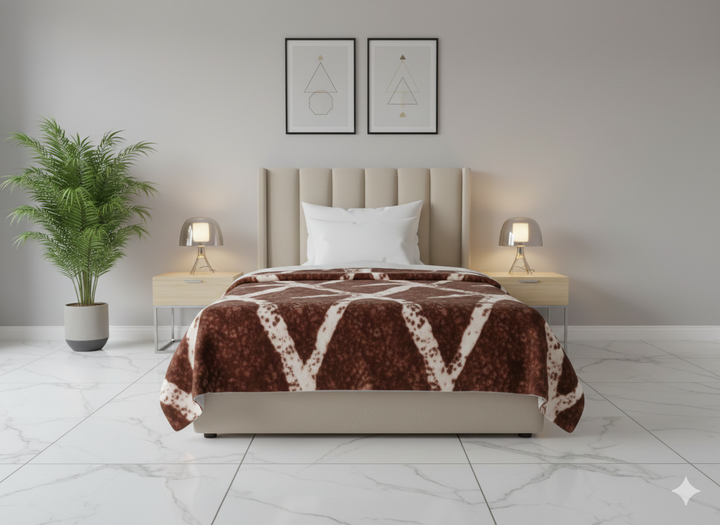 Single Bed Soft Fleece Winter Blanket – Brown Geometric Design