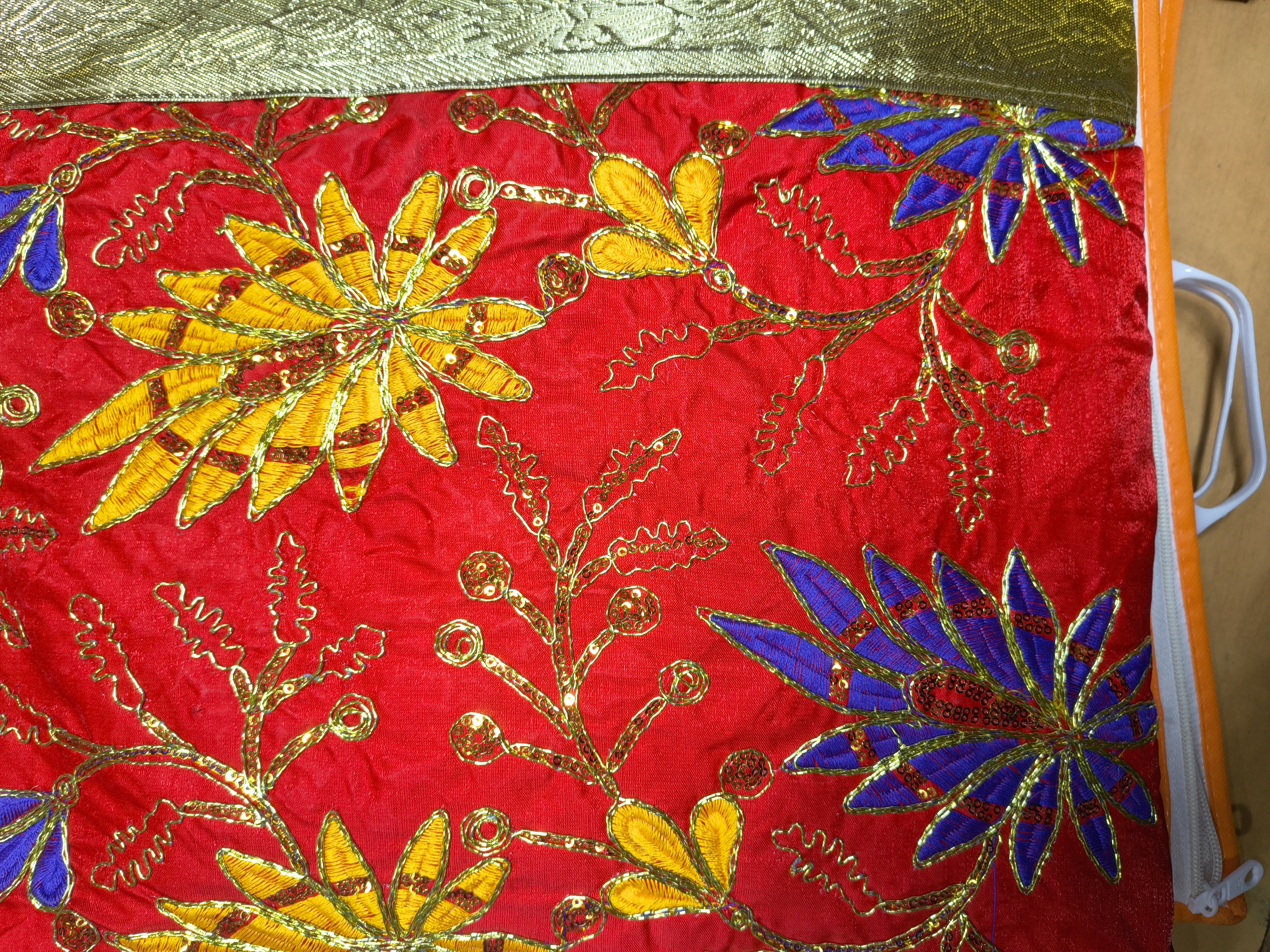 Red Multicolor Floral Embroidered Rumala Sahib with Golden Border for Guru Granth Sahib Ji