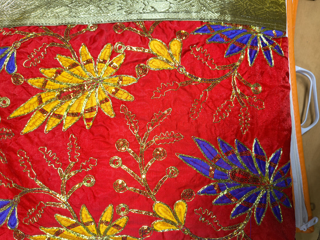 Red Multicolor Floral Embroidered Rumala Sahib with Golden Border for Guru Granth Sahib Ji