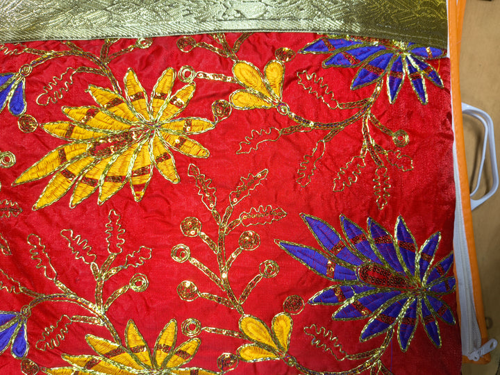 Red Multicolor Floral Embroidered Rumala Sahib with Golden Border for Guru Granth Sahib Ji