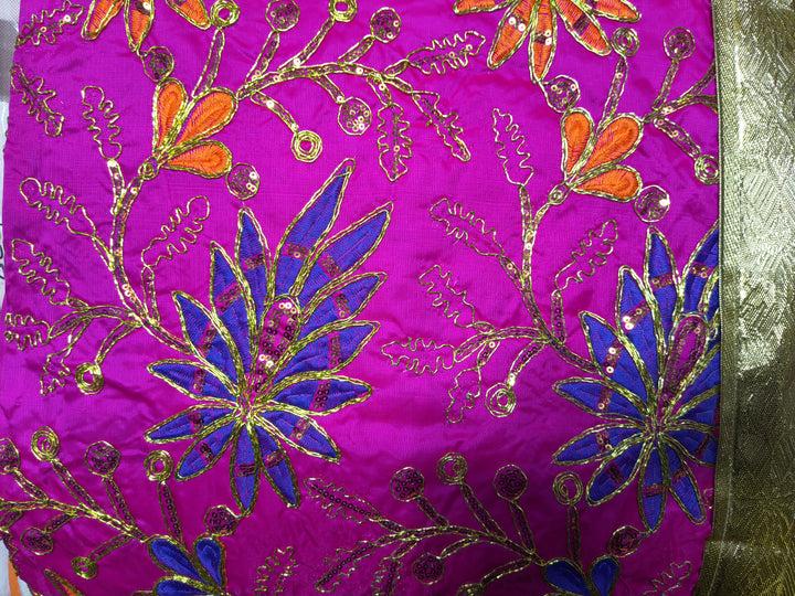 Pink Multicolor Floral Embroidered Rumala Sahib with Golden Lace Border for Guru Granth Sahib Ji