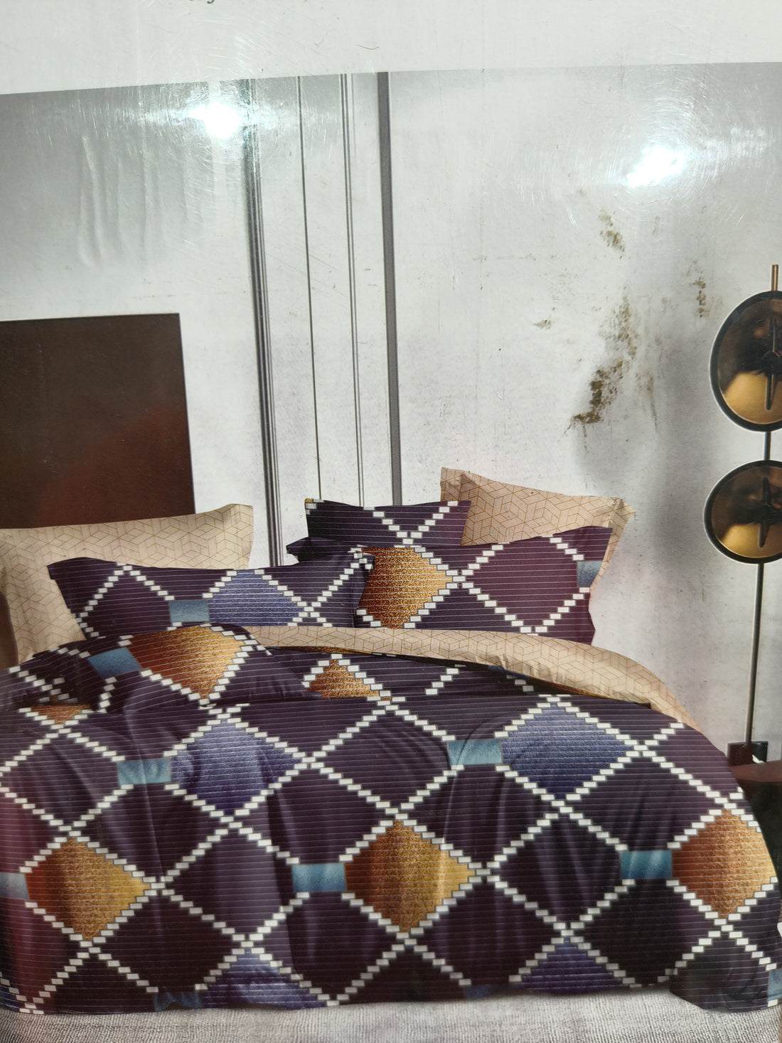Royal Purple & Mustard Geometric Cotton Bedsheet Set – Single Bed with 2 Pillow Covers