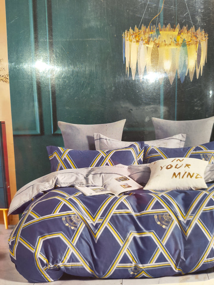 Royal Blue Geometric Print Cotton Bedsheet Set with 2 Pillow Covers (Single Bed)