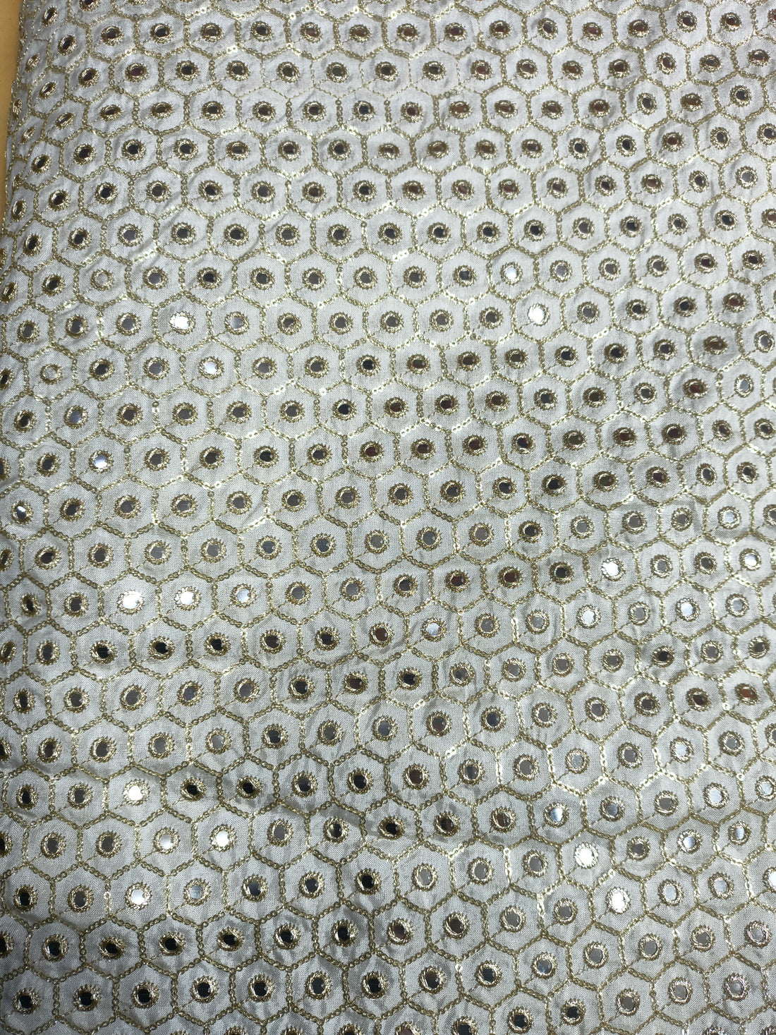 Dyeable Mirror Work Fabric – Hexagon Geometric All-Over Design