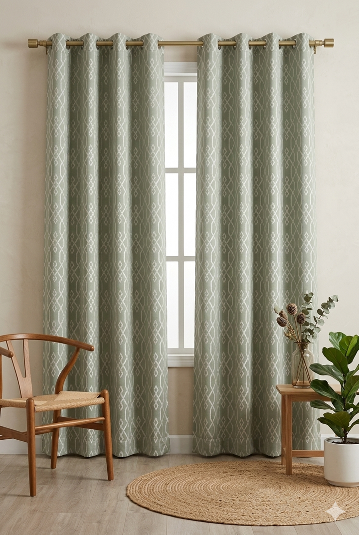 Green Geometric Pattern Curtain Fabric | Custom Length | Sold Per Metre