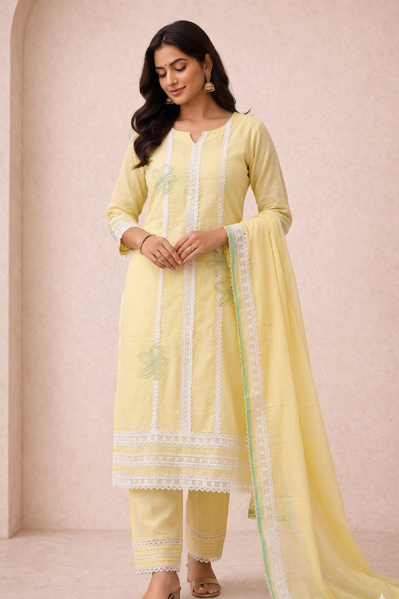 Woman wearing a light yellow traditional outfit with white embroidery on a beige background
