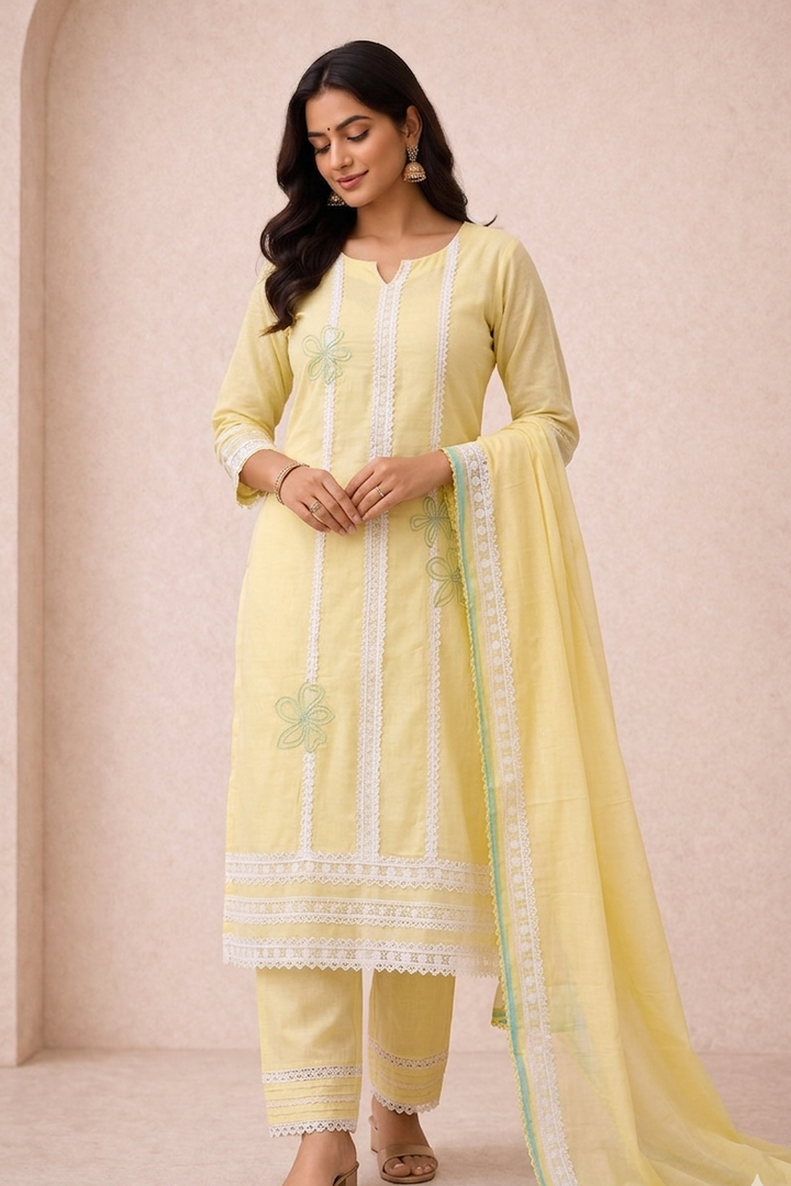 Woman wearing a light yellow traditional outfit with white embroidery on a beige background