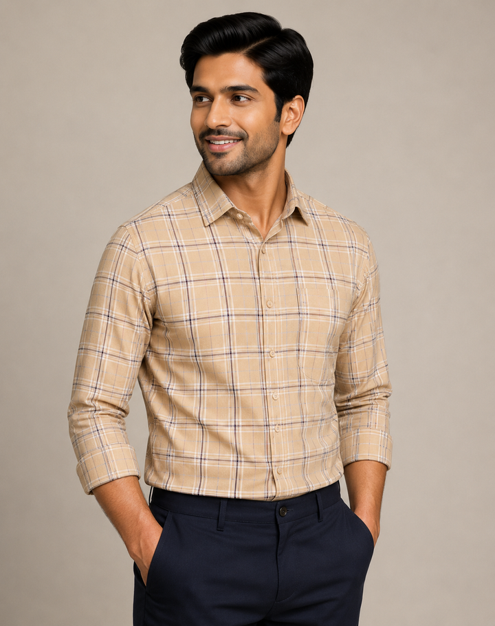 Raymond Unstitched Shirt Fabric 1.60 Meter Beige Checked Premium Shirting