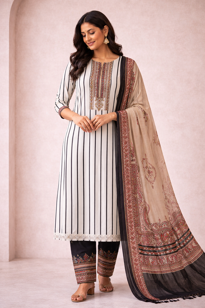 Black & White Striped Crepe Unstitched Suit Fabric Set with Printed Dupatta