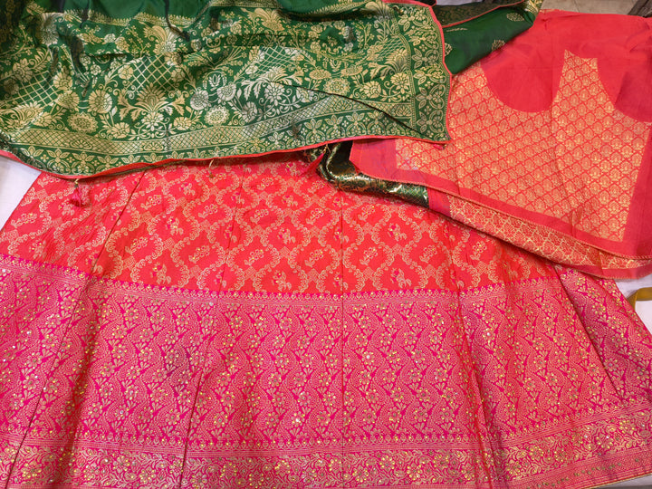Reddish Pink Banarasi Unstitched Lehenga Choli with Green Dupatta