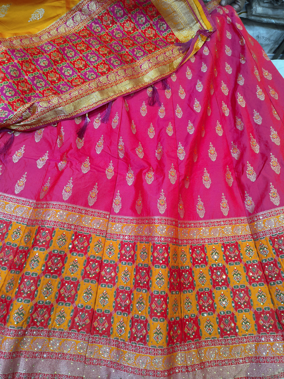 Rani Pink Banarasi Unstitched Lehenga Choli with Mustard Yellow Dupatta